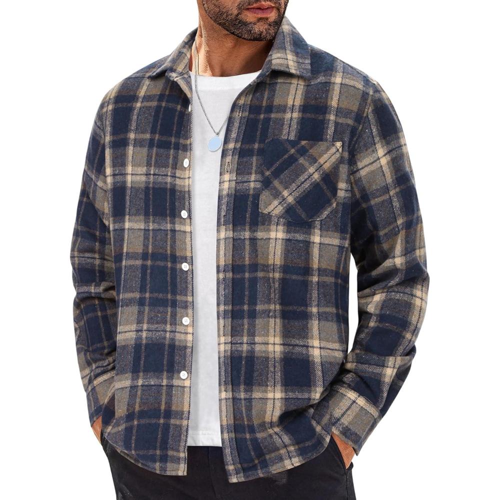 imageCOOFANDY Mens Flannel Shirts Long Sleeve Lightweight Plaid Shirt Casual Button Down Shirts JacketDark Blue