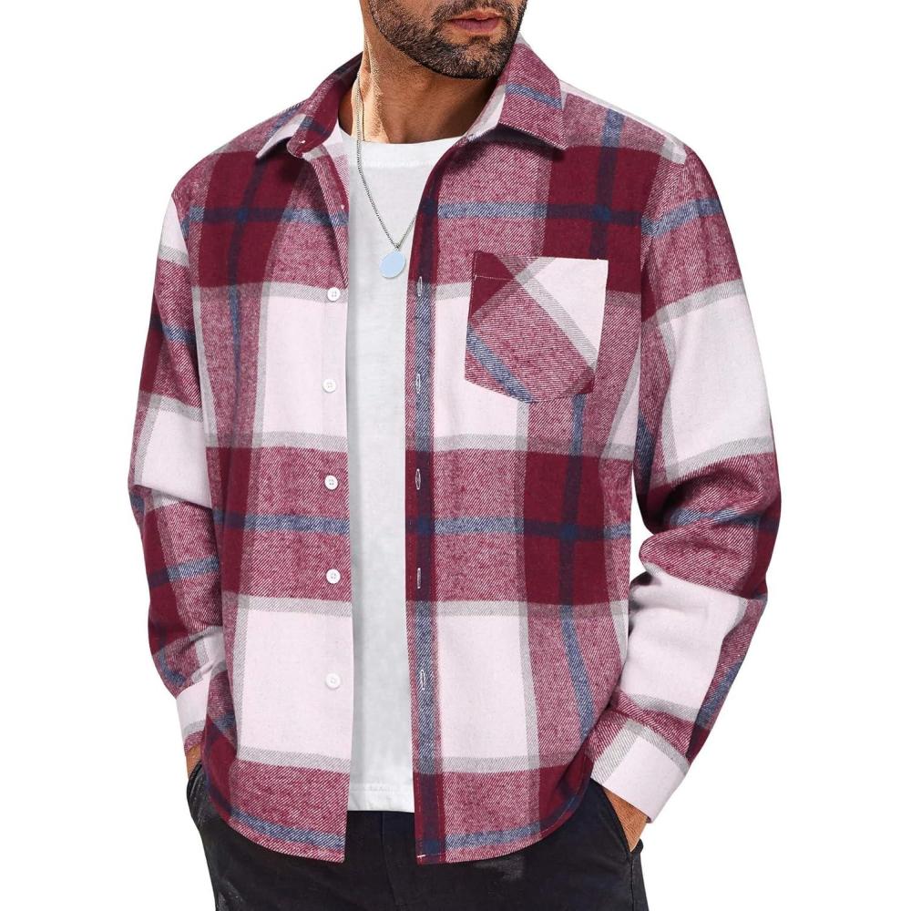 imageCOOFANDY Mens Flannel Shirts Long Sleeve Lightweight Plaid Shirt Casual Button Down Shirts JacketRed White