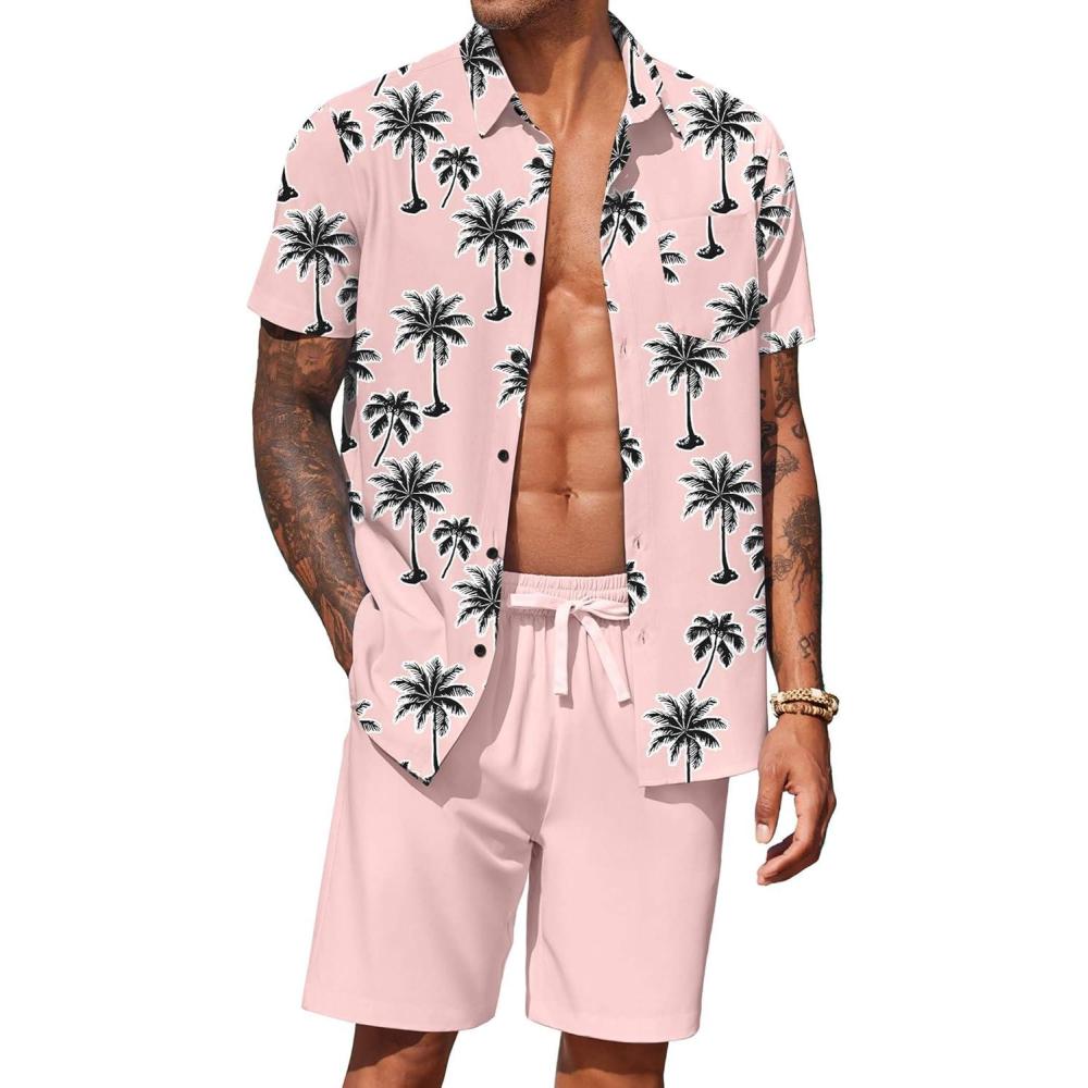 imageCOOFANDY Mens Hawaiian 2 Piece Outfits Summer Beach Matching Set Short Sleeve Floral Shirts and ShortsCoconut Tree Pink