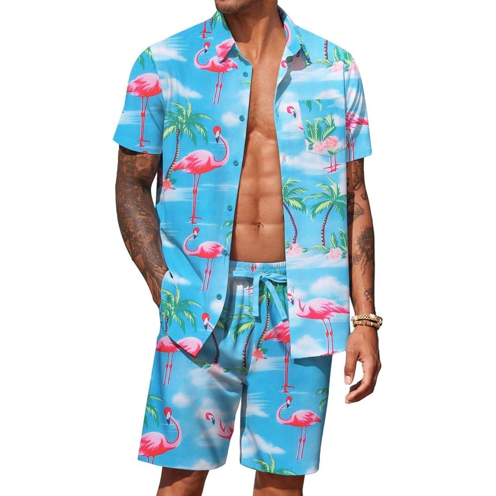 imageCOOFANDY Mens Hawaiian 2 Piece Outfits Summer Beach Matching Set Short Sleeve Floral Shirts and ShortsFlamingo Pink Blue
