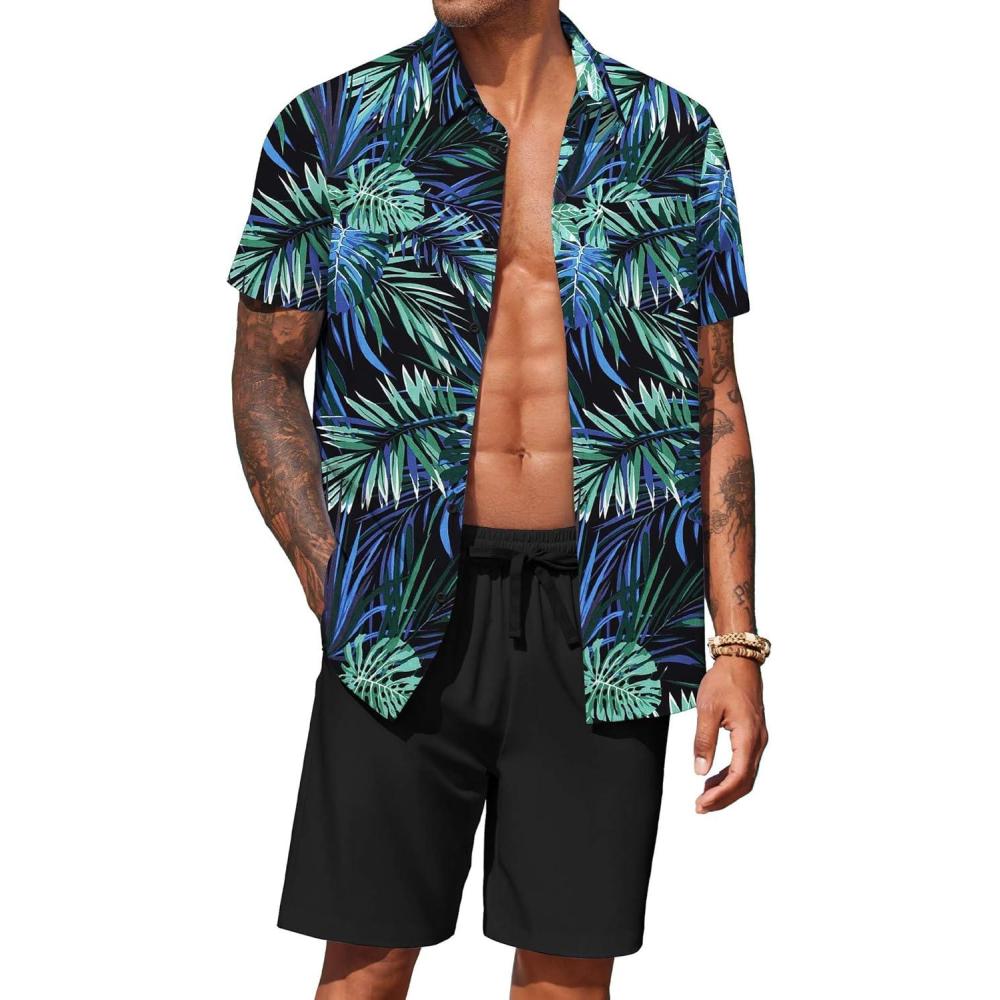 imageCOOFANDY Mens Hawaiian 2 Piece Outfits Summer Beach Matching Set Short Sleeve Floral Shirts and ShortsLeaf Blue Black