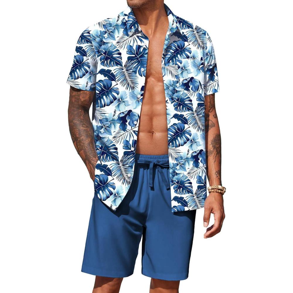 imageCOOFANDY Mens Hawaiian 2 Piece Outfits Summer Beach Matching Set Short Sleeve Floral Shirts and ShortsLeaf Blue White