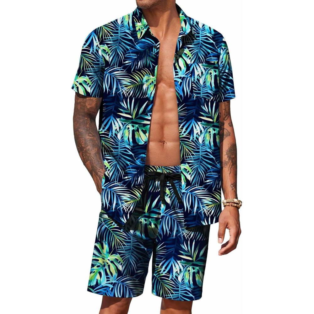 imageCOOFANDY Mens Hawaiian 2 Piece Outfits Summer Beach Matching Set Short Sleeve Floral Shirts and ShortsLeaf Green