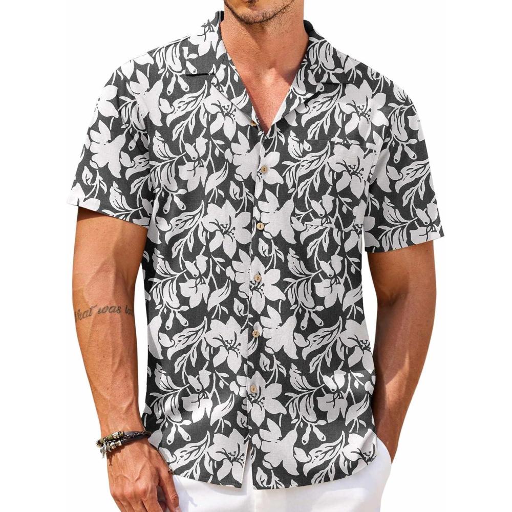 imageCOOFANDY Mens Hawaiian Shirt Short Sleeve Buttoon Down Shirts Casual Tropical Floral Summer Linen ShirtsA Gray Floral