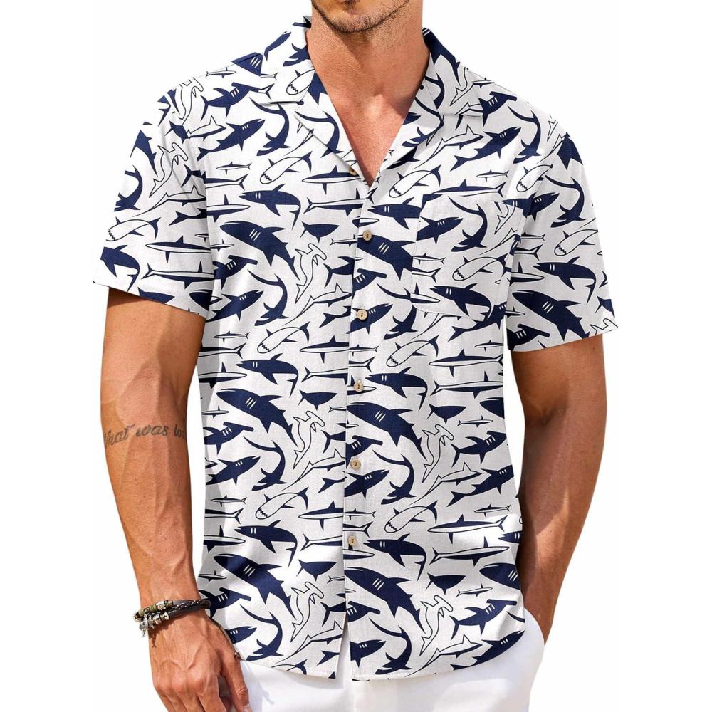 imageCOOFANDY Mens Hawaiian Shirt Short Sleeve Buttoon Down Shirts Casual Tropical Floral Summer Linen ShirtsA Navy Shark