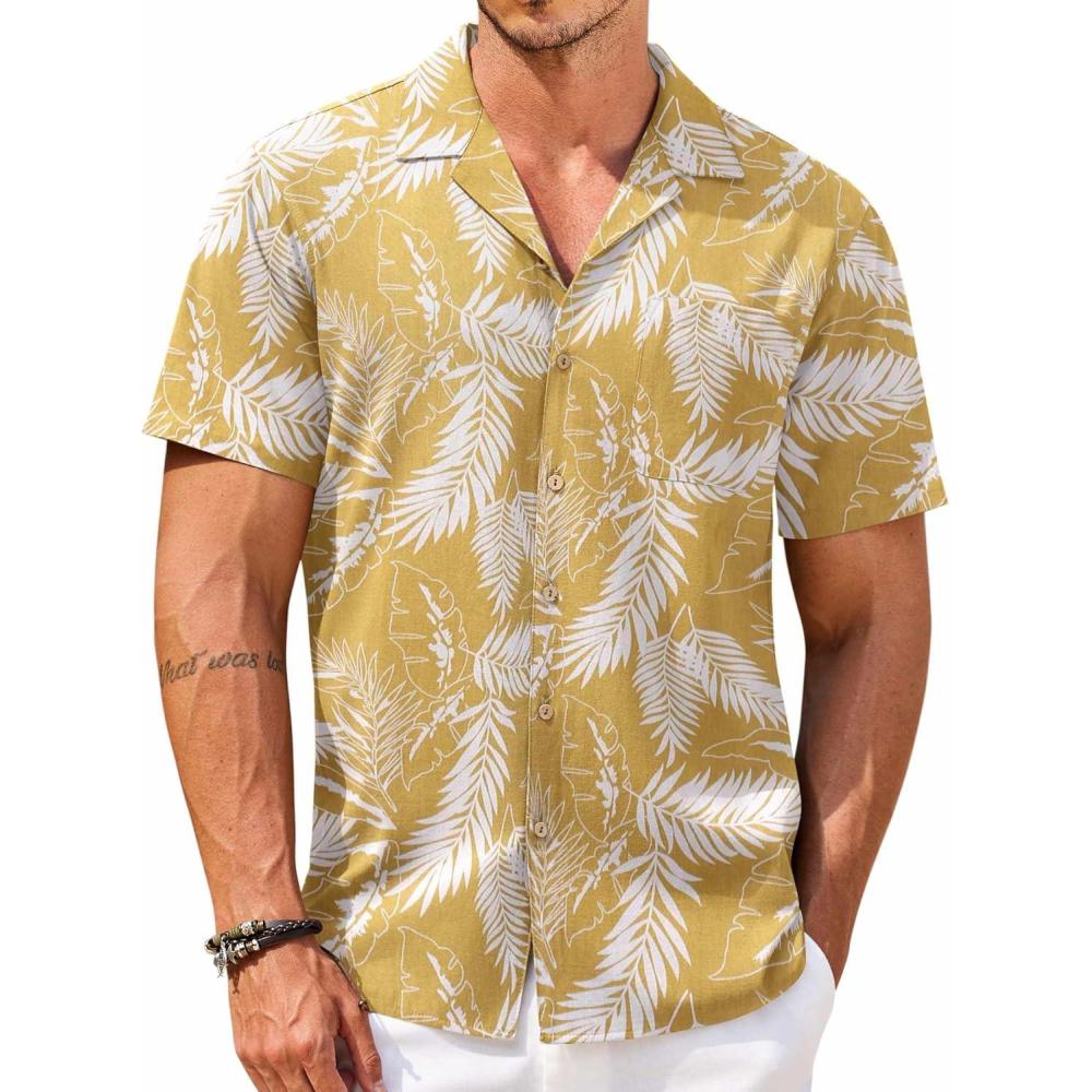imageCOOFANDY Mens Hawaiian Shirt Short Sleeve Buttoon Down Shirts Casual Tropical Floral Summer Linen ShirtsP Palm Leaf