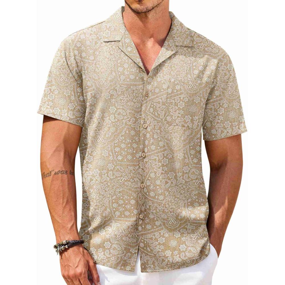 imageCOOFANDY Mens Hawaiian Shirt Short Sleeve Buttoon Down Shirts Casual Tropical Floral Summer Linen ShirtsPaisley Khaki