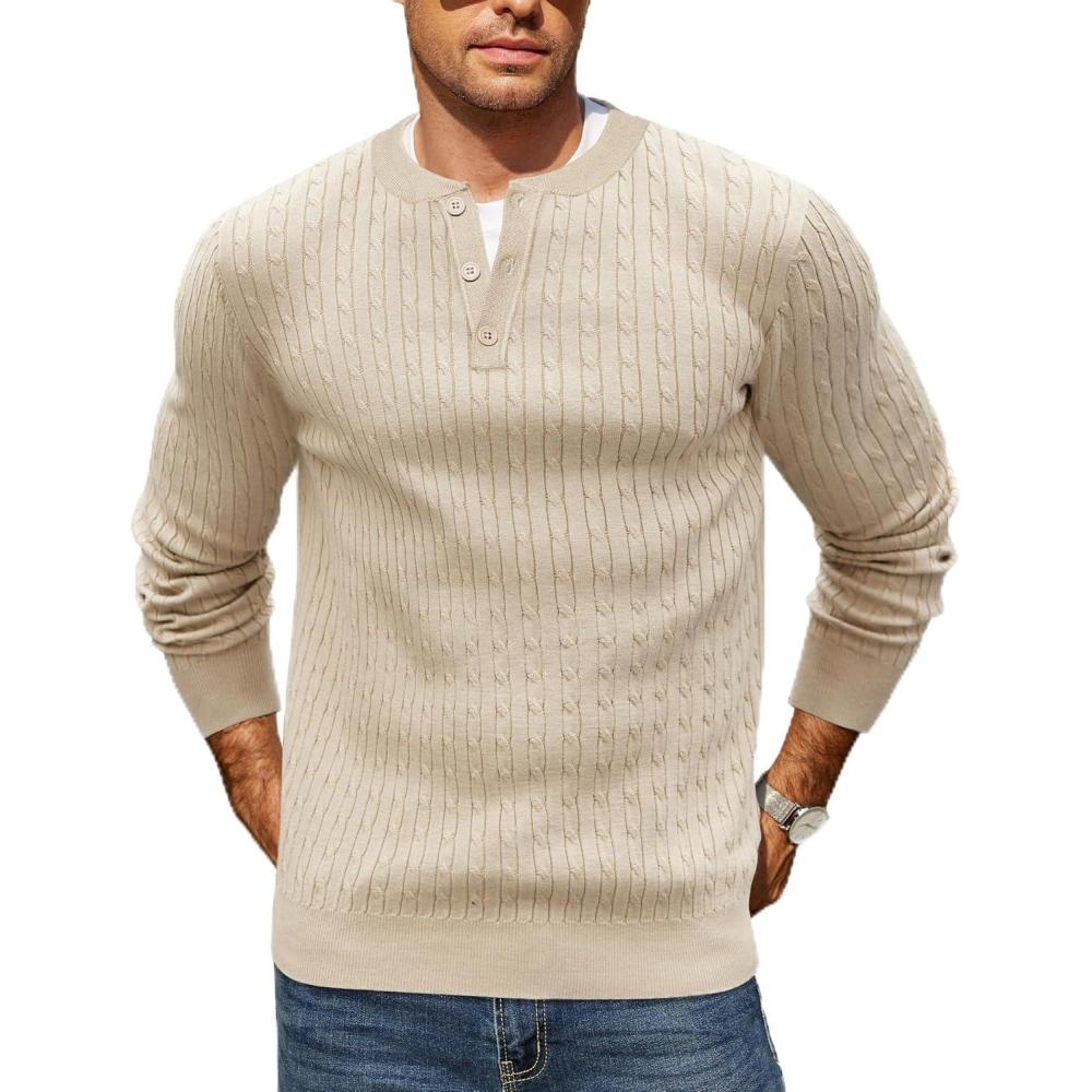 imageCOOFANDY Mens Knit Henley Sweater Long Sleeve Button Down Fall Sweaters and PulloversCream