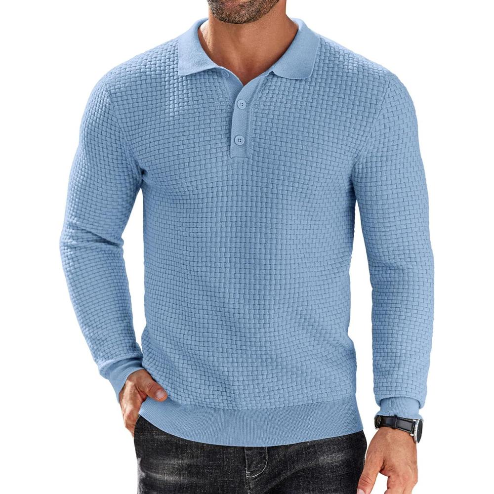 imageCOOFANDY Mens Knit Polo Shirts Long Sleeve Sweater Polo Lightweight Fashion Casual Collared ShirtsAiry Blue