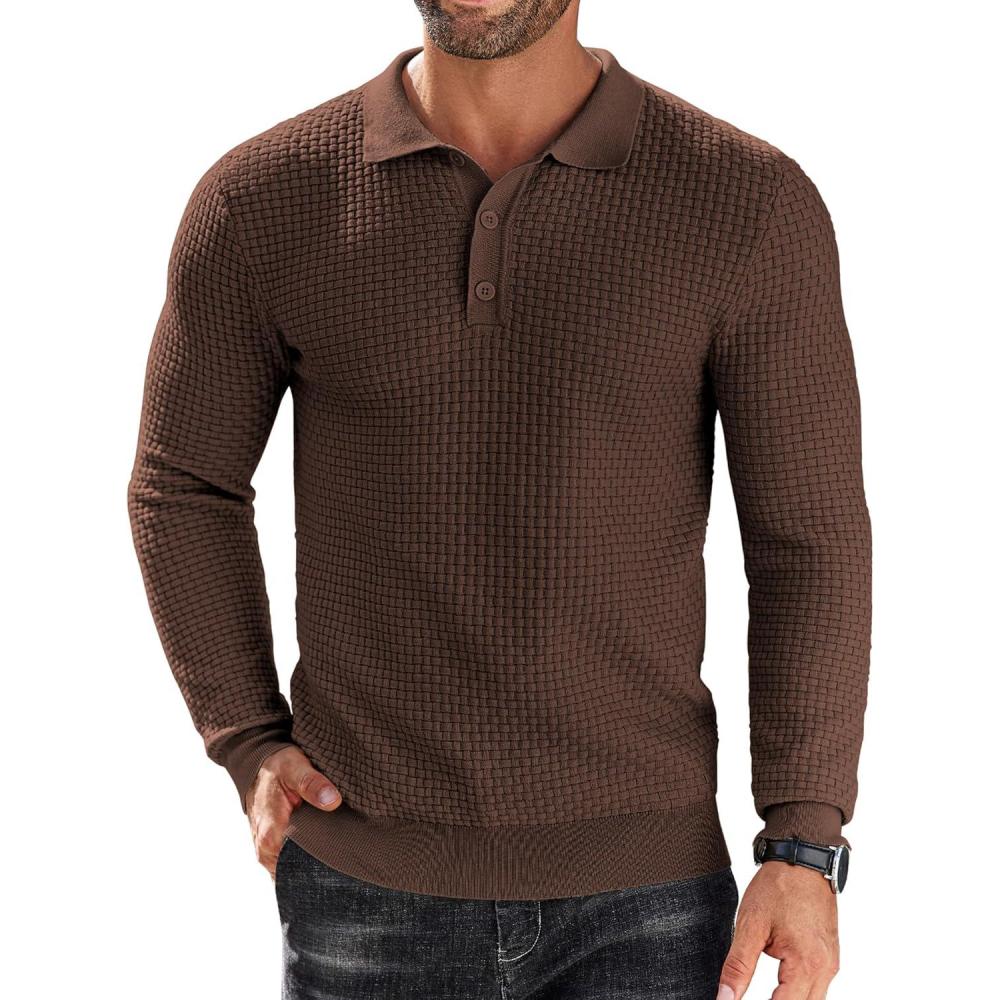imageCOOFANDY Mens Knit Polo Shirts Long Sleeve Sweater Polo Lightweight Fashion Casual Collared ShirtsBrown