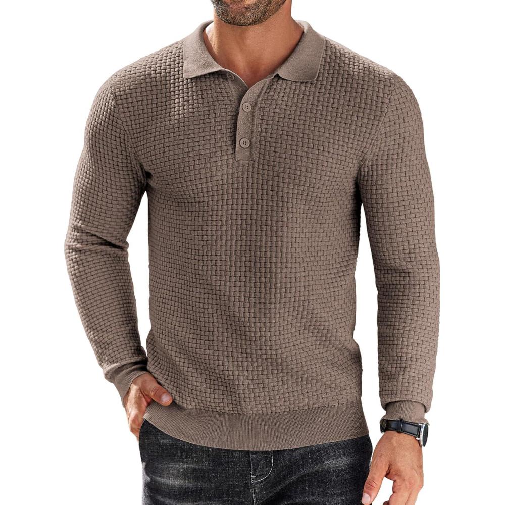 imageCOOFANDY Mens Knit Polo Shirts Long Sleeve Sweater Polo Lightweight Fashion Casual Collared ShirtsBrown and Grey