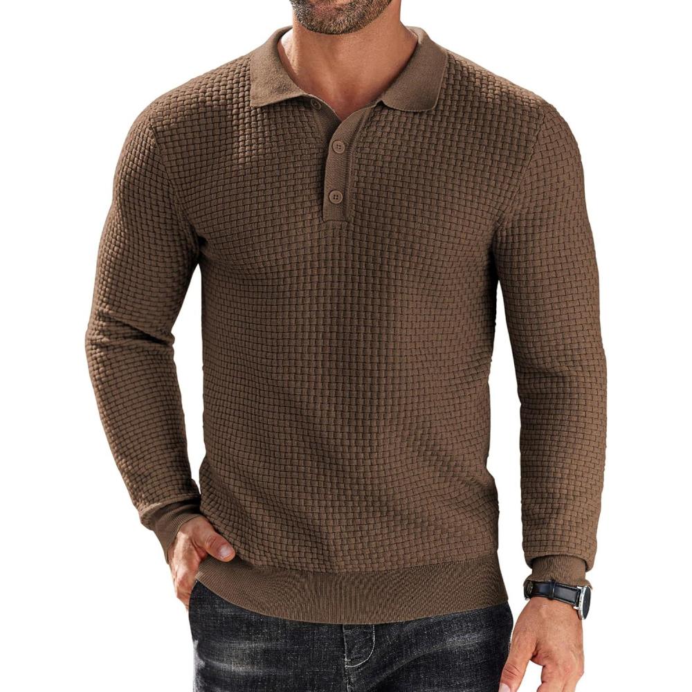 imageCOOFANDY Mens Knit Polo Shirts Long Sleeve Sweater Polo Lightweight Fashion Casual Collared ShirtsDark Coffee