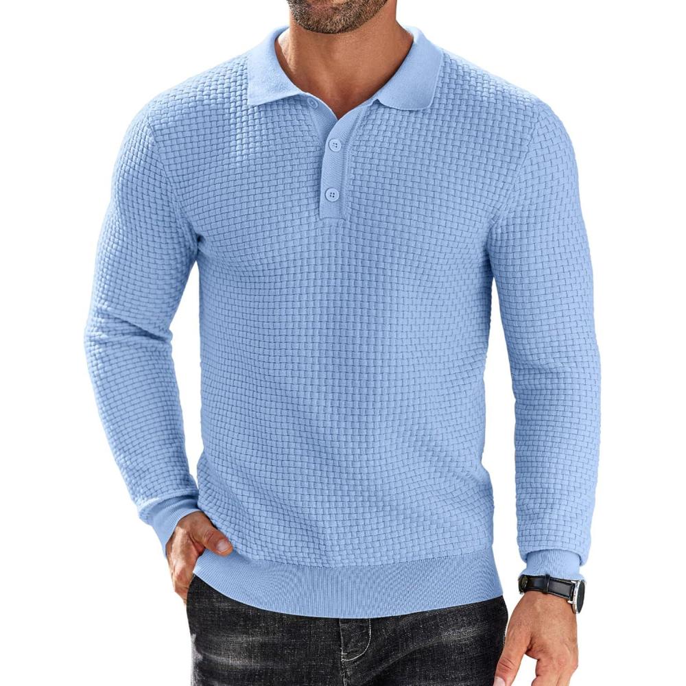 imageCOOFANDY Mens Knit Polo Shirts Long Sleeve Sweater Polo Lightweight Fashion Casual Collared ShirtsLight Blue
