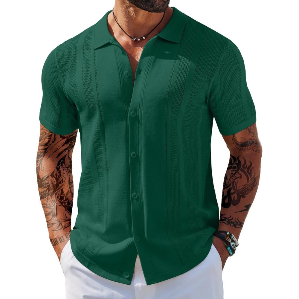 imageCOOFANDY Mens Knit Shirts Short Sleeve Button Down Polo Shirt Vintage Casual Beach Shirt Summer TopsDark Green