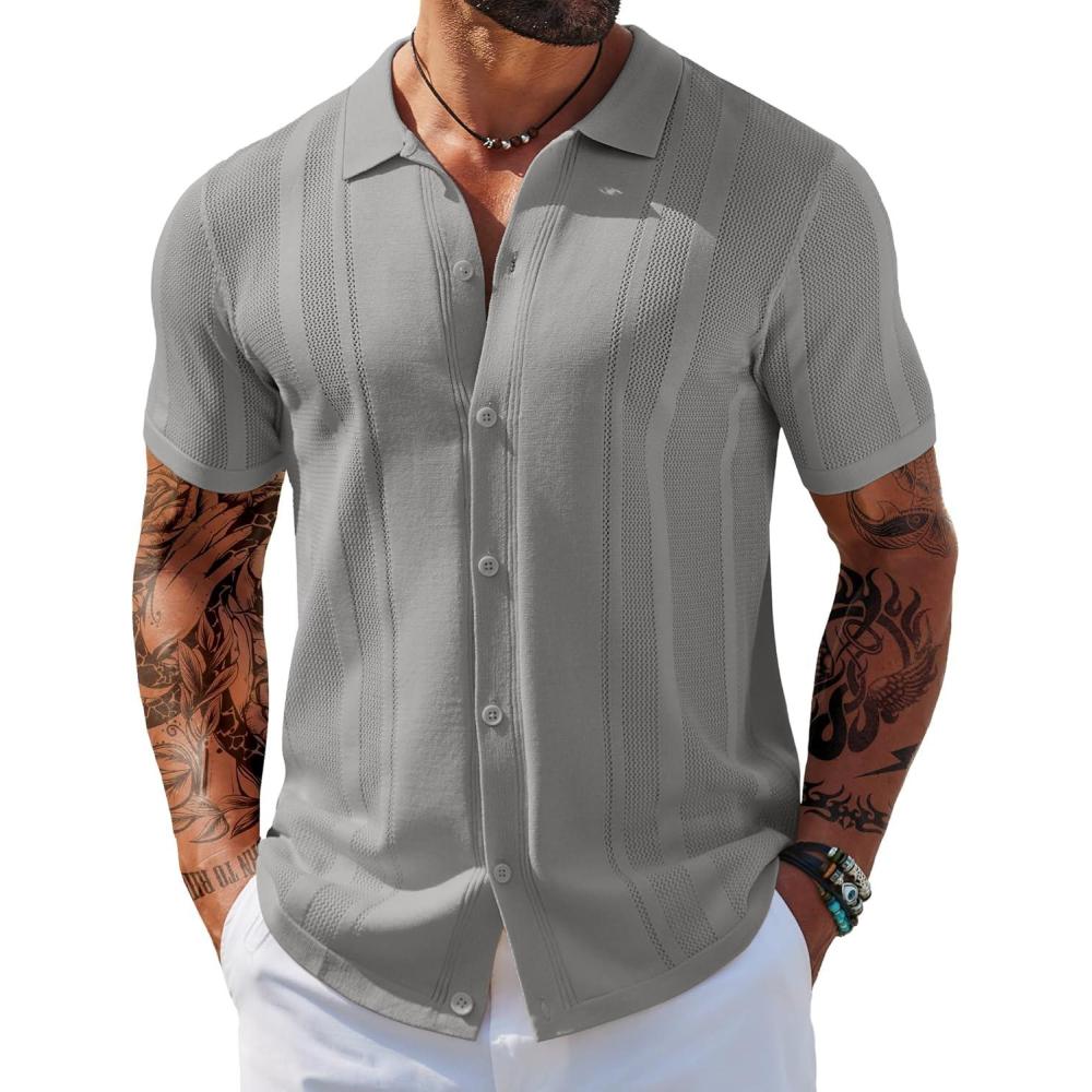imageCOOFANDY Mens Knit Shirts Short Sleeve Button Down Polo Shirt Vintage Casual Beach Shirt Summer TopsGrey