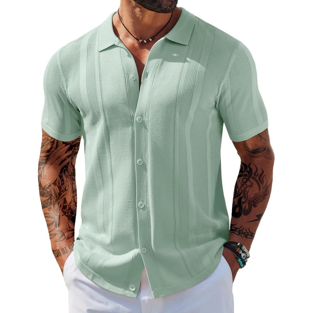 imageCOOFANDY Mens Knit Shirts Short Sleeve Button Down Polo Shirt Vintage Casual Beach Shirt Summer TopsIce Green