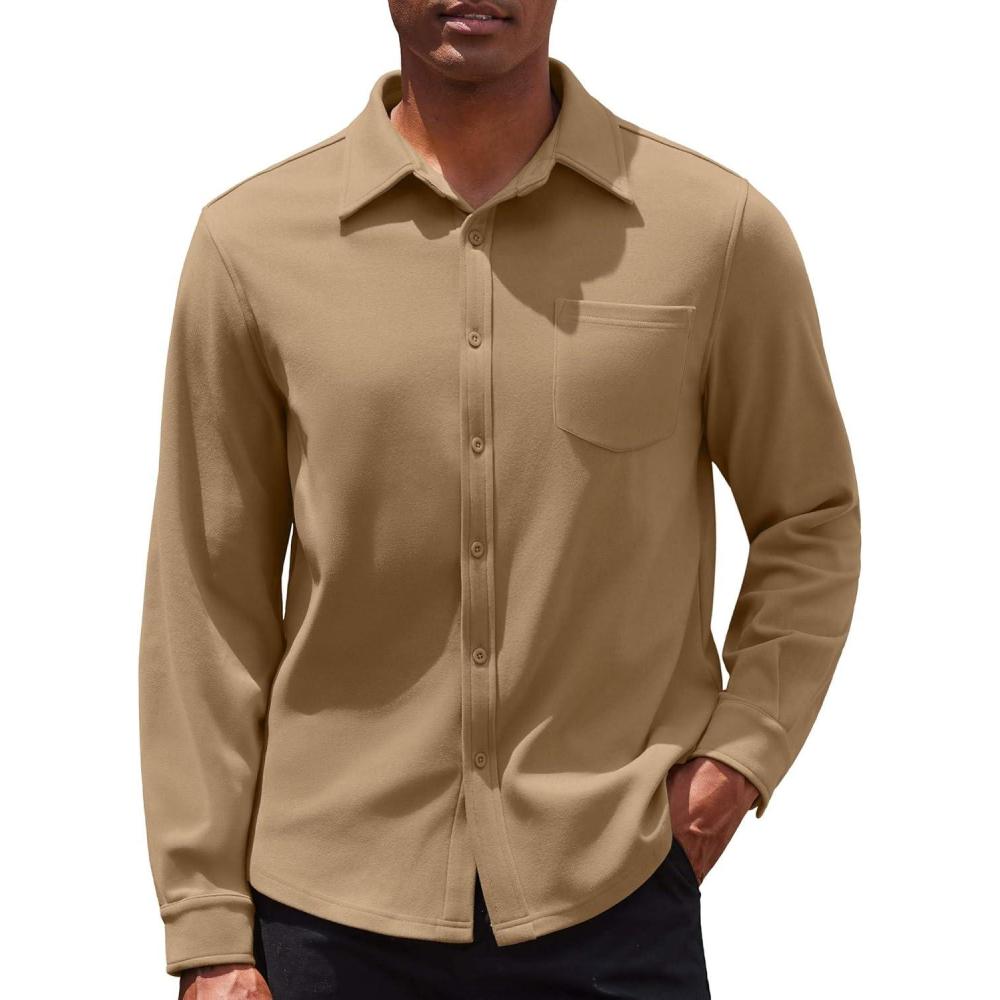 imageCOOFANDY Mens Long Sleeve Button Down Shirt Casual Lightweight Shacket Spring Fall Shirt Jacket OvershirtKhaki