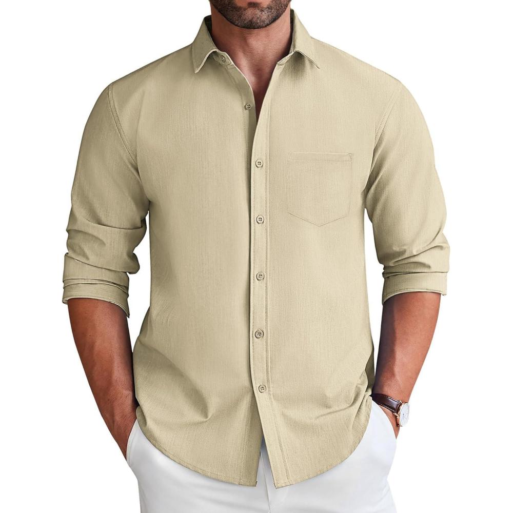 imageCOOFANDY Mens Long Sleeve Button Down Shirt Wrinkle Free Untucked Dress Shirt Casual Denim ShirtLight Khaki