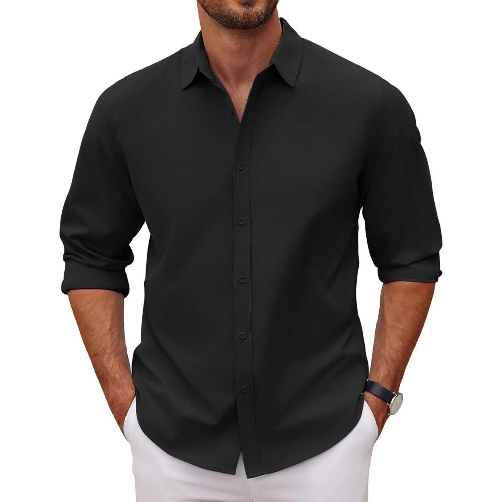 imageCOOFANDY Mens Long Sleeve Button Down Shirts Casual Untucked Dress Shirt Beach Wedding ShirtsBlack