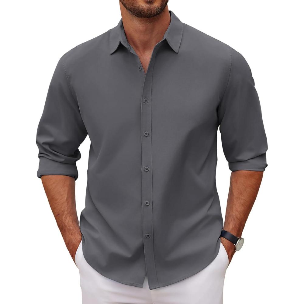 imageCOOFANDY Mens Long Sleeve Button Down Shirts Casual Untucked Dress Shirt Beach Wedding ShirtsDark Gray