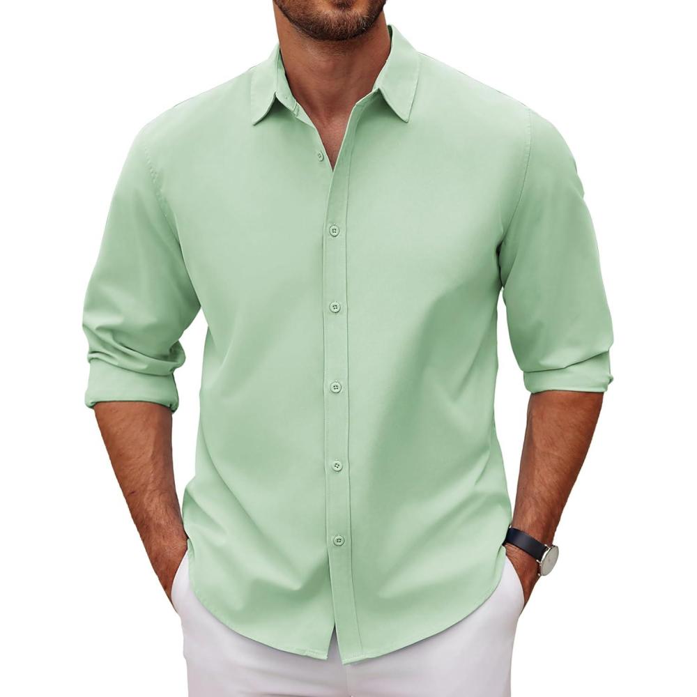 imageCOOFANDY Mens Long Sleeve Button Down Shirts Casual Untucked Dress Shirt Beach Wedding ShirtsLight Green