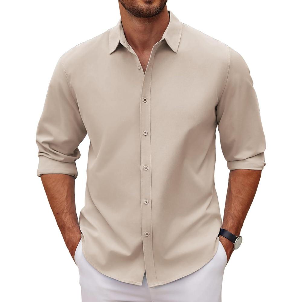 imageCOOFANDY Mens Long Sleeve Button Down Shirts Casual Untucked Dress Shirt Beach Wedding ShirtsLight Khaki