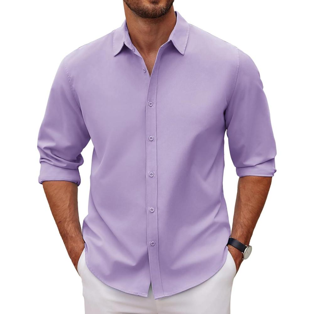 imageCOOFANDY Mens Long Sleeve Button Down Shirts Casual Untucked Dress Shirt Beach Wedding ShirtsLight Purple