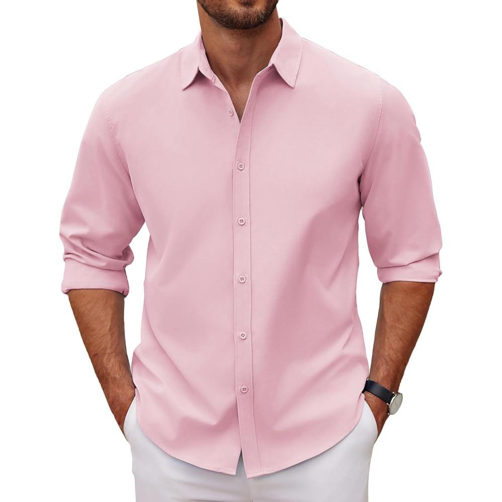 imageCOOFANDY Mens Long Sleeve Button Down Shirts Casual Untucked Dress Shirt Beach Wedding ShirtsPink