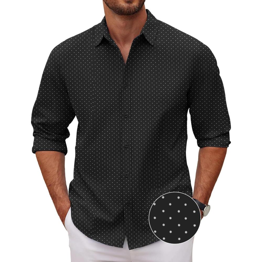 imageCOOFANDY Mens Long Sleeve Button Down Shirts Casual Untucked Dress Shirt Beach Wedding ShirtsPrintedblack Dots