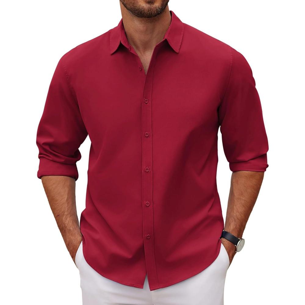 imageCOOFANDY Mens Long Sleeve Button Down Shirts Casual Untucked Dress Shirt Beach Wedding ShirtsWine Red