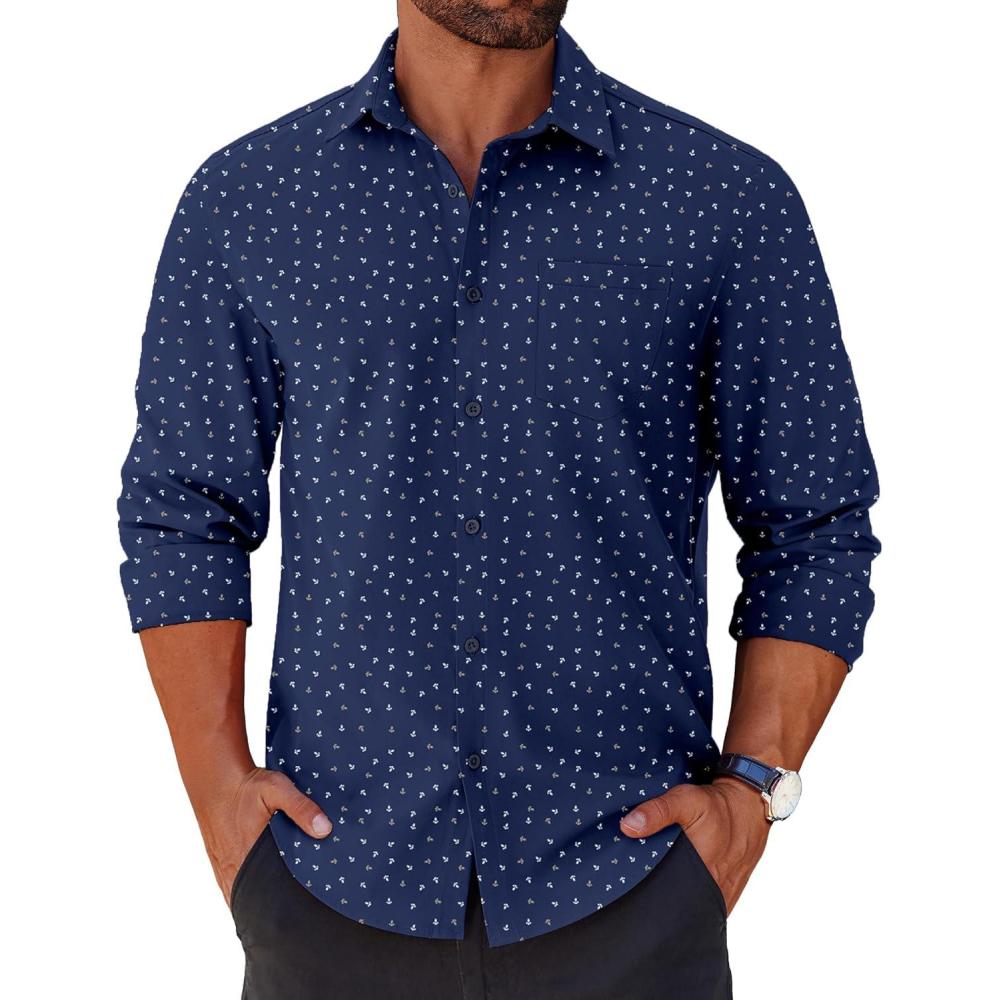 imageCOOFANDY Mens Long Sleeve Button Down Shirts Casual Untucked Shirts for Men Dress Shirts Beach Wedding ShirtsAnchornavy