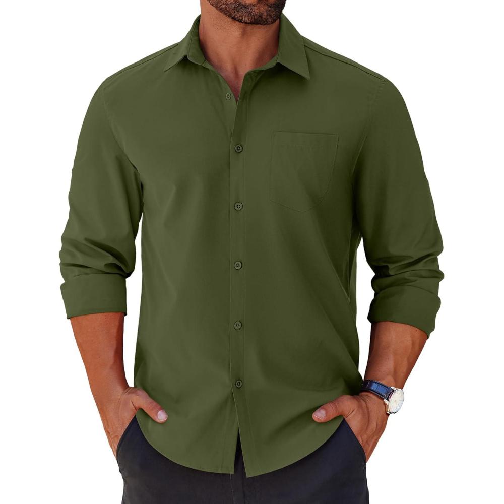 imageCOOFANDY Mens Long Sleeve Button Down Shirts Casual Untucked Shirts for Men Dress Shirts Beach Wedding ShirtsArmy Green