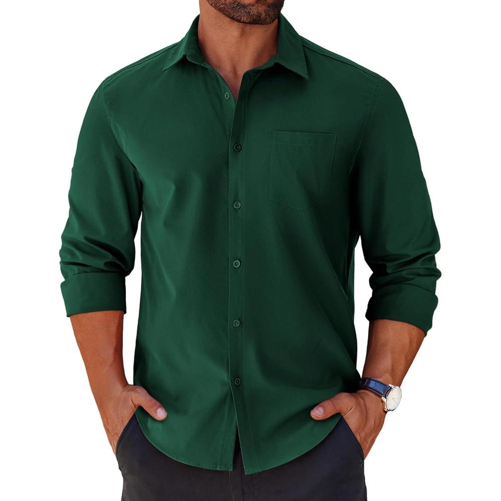 imageCOOFANDY Mens Long Sleeve Button Down Shirts Casual Untucked Shirts for Men Dress Shirts Beach Wedding ShirtsDark Green
