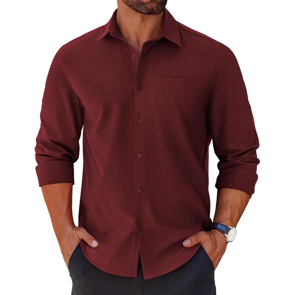 imageCOOFANDY Mens Long Sleeve Button Down Shirts Casual Untucked Shirts for Men Dress Shirts Beach Wedding ShirtsDark Red