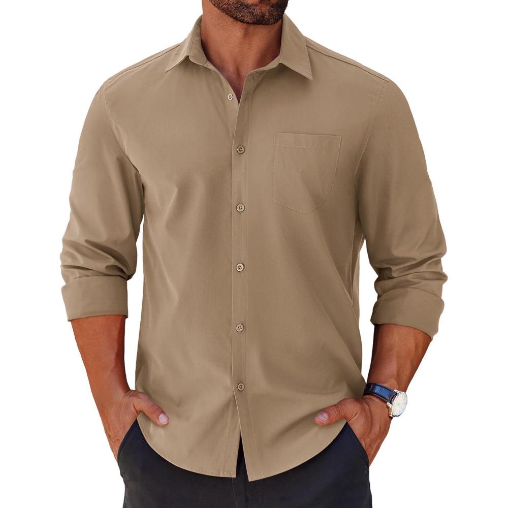 imageCOOFANDY Mens Long Sleeve Button Down Shirts Casual Untucked Shirts for Men Dress Shirts Beach Wedding ShirtsKhaki