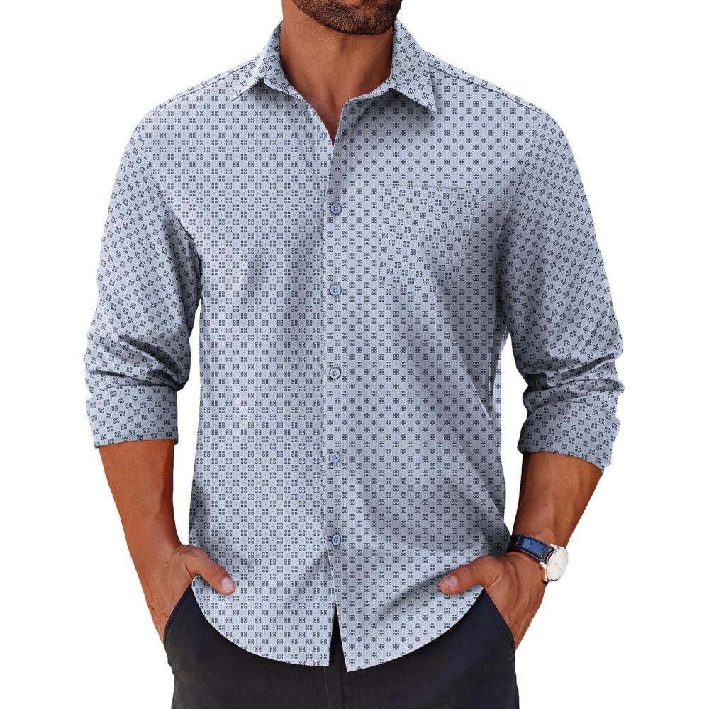 imageCOOFANDY Mens Long Sleeve Button Down Shirts Casual Untucked Shirts for Men Dress Shirts Beach Wedding ShirtsLight Bluediamond