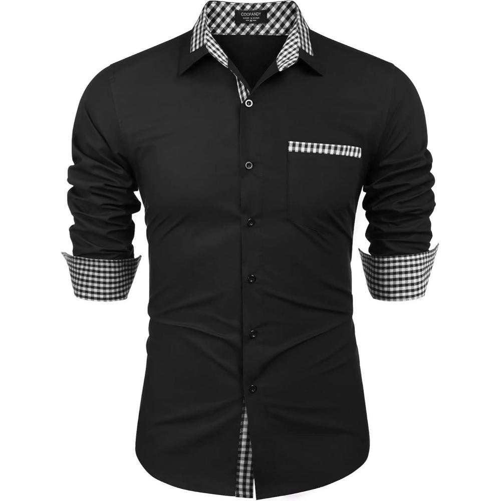 imageCOOFANDY Mens Long Sleeve Dress Shirt Plaid Collar Casual Button Down ShirtsCheck Patternblack