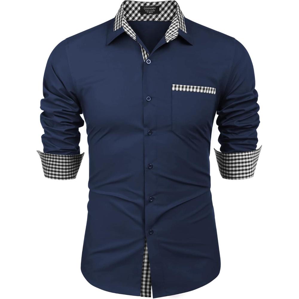 imageCOOFANDY Mens Long Sleeve Dress Shirt Plaid Collar Casual Button Down ShirtsCheck Patternblue