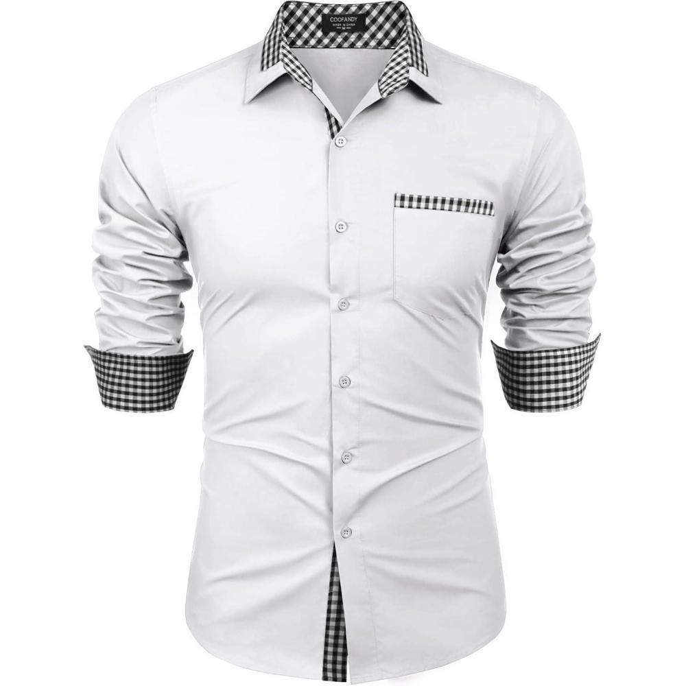 imageCOOFANDY Mens Long Sleeve Dress Shirt Plaid Collar Casual Button Down ShirtsCheck Patternwhite