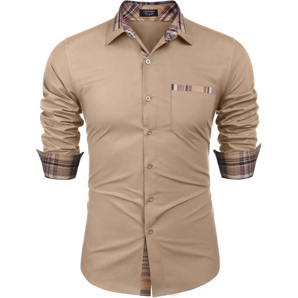 imageCOOFANDY Mens Long Sleeve Dress Shirt Plaid Collar Casual Button Down ShirtsKhaki