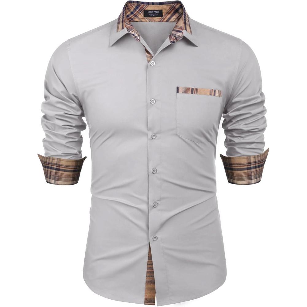 imageCOOFANDY Mens Long Sleeve Dress Shirt Plaid Collar Casual Button Down ShirtsLight Grey