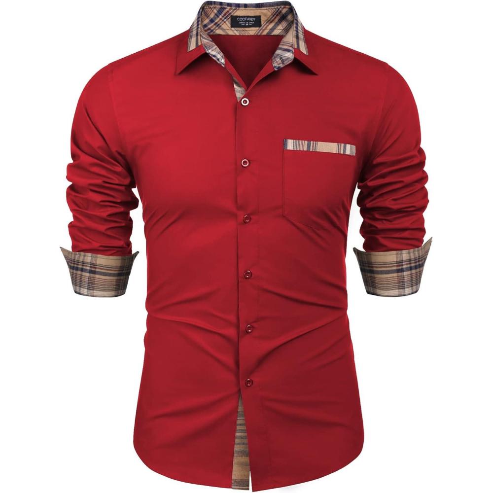 imageCOOFANDY Mens Long Sleeve Dress Shirt Plaid Collar Casual Button Down ShirtsRed