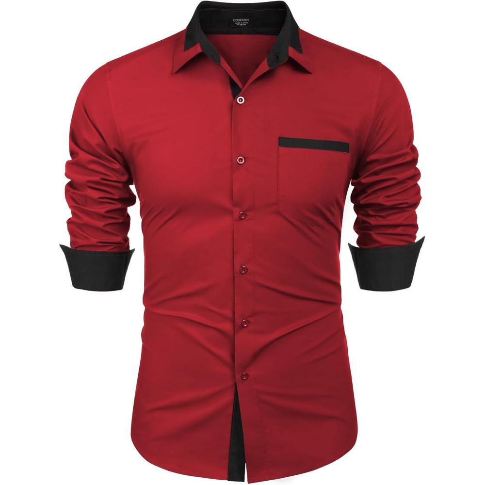 imageCOOFANDY Mens Long Sleeve Dress Shirt Plaid Collar Casual Button Down ShirtsRedBlack