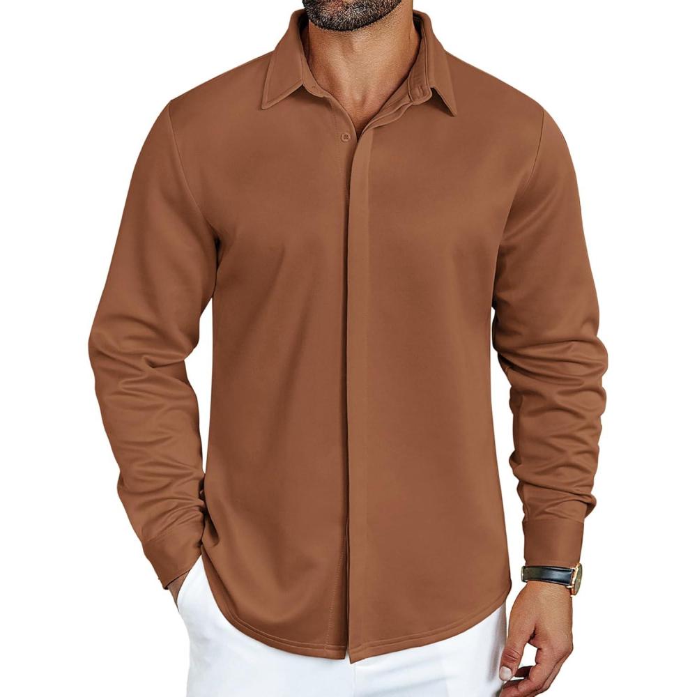 imageCOOFANDY Mens Long Sleeve Wrinkle Free Shirts Casual Button Down Shirt Stretch Dress ShirtBrown