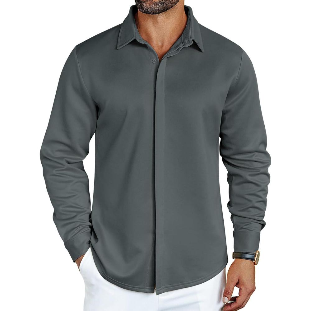 imageCOOFANDY Mens Long Sleeve Wrinkle Free Shirts Casual Button Down Shirt Stretch Dress ShirtDark Grey