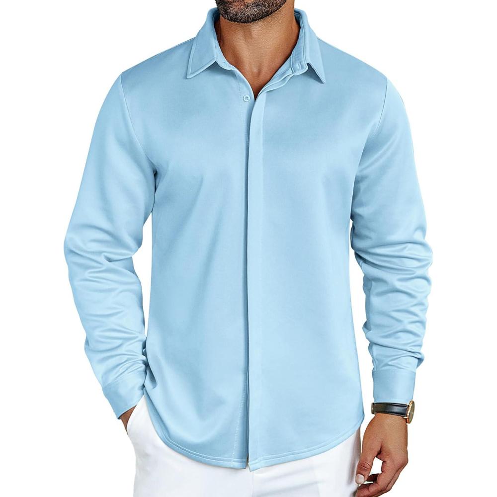 imageCOOFANDY Mens Long Sleeve Wrinkle Free Shirts Casual Button Down Shirt Stretch Dress ShirtLight Blue