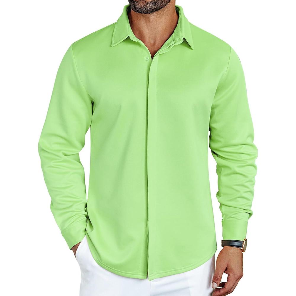 imageCOOFANDY Mens Long Sleeve Wrinkle Free Shirts Casual Button Down Shirt Stretch Dress ShirtLight Green
