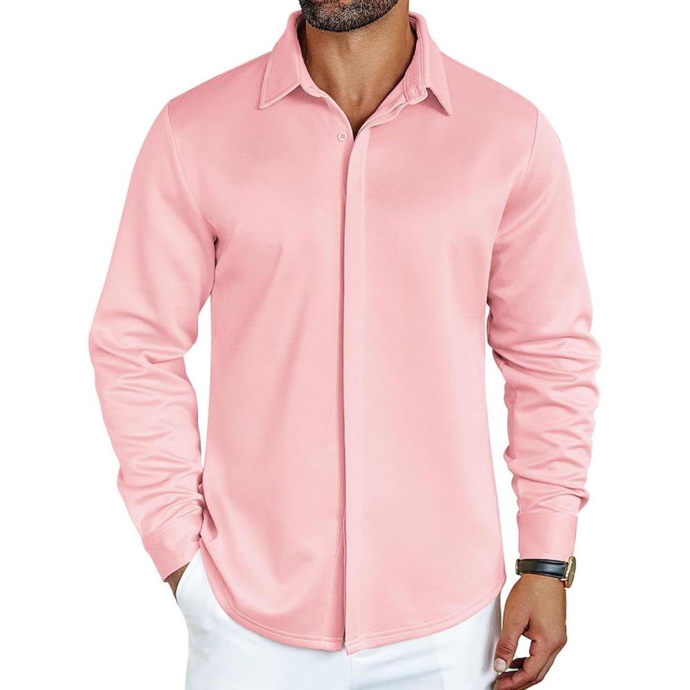 imageCOOFANDY Mens Long Sleeve Wrinkle Free Shirts Casual Button Down Shirt Stretch Dress ShirtPink