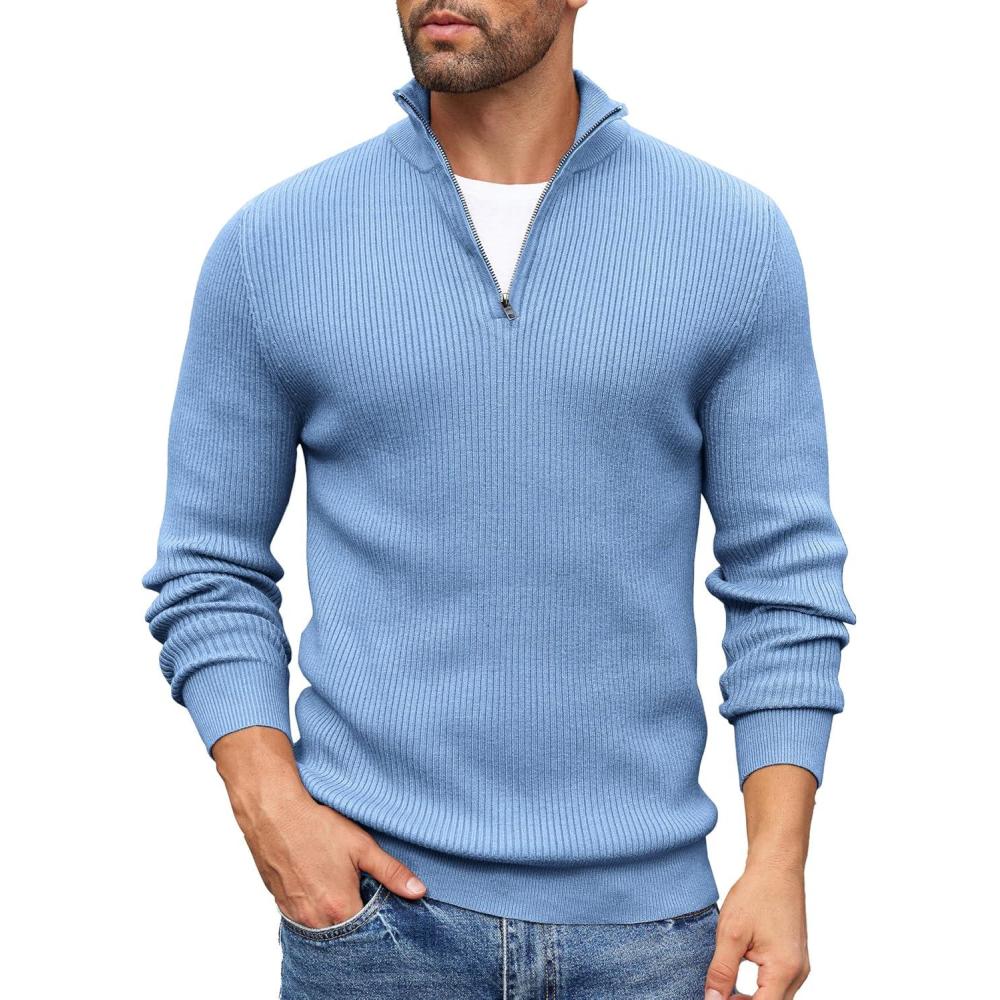 imageCOOFANDY Mens Quarter Zip Sweaters Slim Fit Mock Neck Pullover Sweaters Lightweight Knitted Polo SweaterBlue