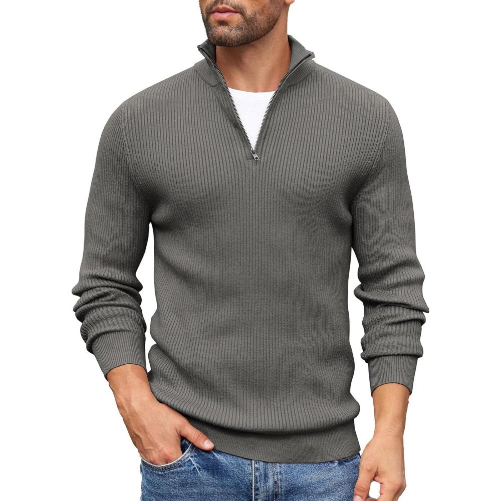 imageCOOFANDY Mens Quarter Zip Sweaters Slim Fit Mock Neck Pullover Sweaters Lightweight Knitted Polo SweaterDark Grey